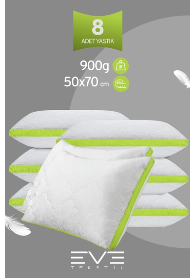 8 Adet Yeşil Serisi Kılıflı Fermuarlı Klimali Antialerjik Silikon Nano Elyaf Yastık 50x70cm Beyaz