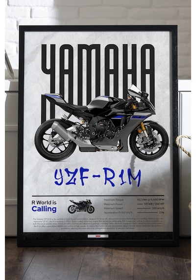 Yamaha Yzf-r1m Siyah Ahşap Çerçeveli Poster, Dekoratif Motosiklet Duvar Tablosu