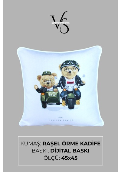 Kırlent Kılıfı Ayıcık Desenli 45x45 Raşel Örme Kadife Çift Taraflı Dijital Baskı Beyaz Biyeli - 05 Beyaz