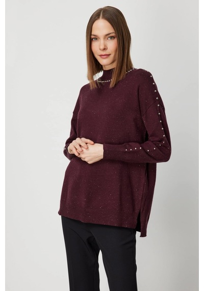 On Fashion Kadın Zımba Detaylı Bordo Kazak 60307 Bordo