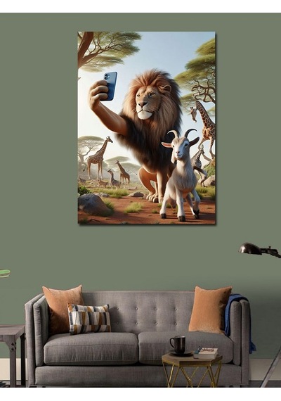Kanvas Tablo Selfie Yapan Aslan Ve Keçi 50cmx70cm