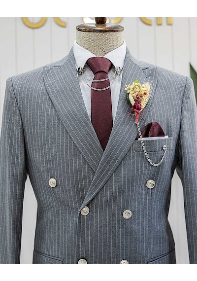 Bys Beystil Sivri Yaka Gri Çizgili Kruvaze Takım Elbise Togo - Slim Fit