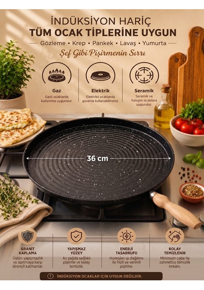 Tektava Granit Kaplama Ahşap Saplı Bazlama&gözleme Tavası 36 Cm Siyah-36 Cm