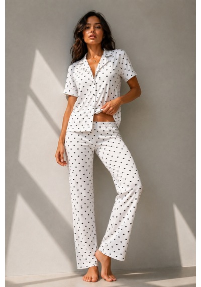 Kadın Klasik Doğal Düğme Gece Kar Beyaz Pijama Takımı