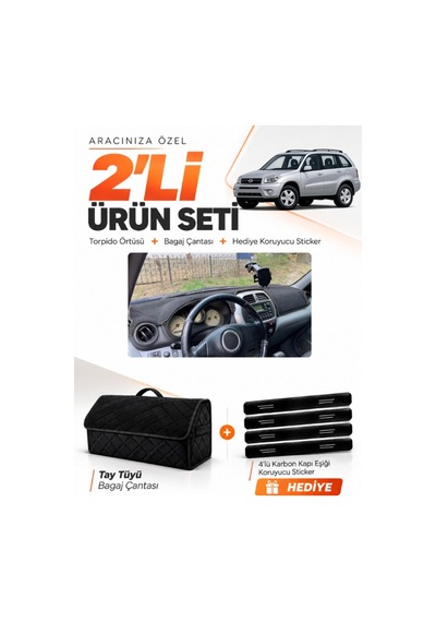 E-biz Toyota Rav4 2000-2005 Uyumlu Torpido Örtüsü + Tay Tüyü Bagaj Çantası Seti - Siyah - To022
