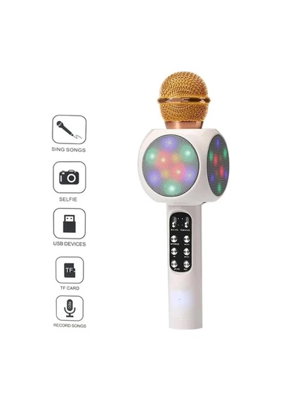 Led Işıkli Şarjlı Kablosuz Karaoke Mikrofon Bluetooth Hoparlör Ses Değiştirme Sd Kart Usb Girişli Beyaz Ws-1816