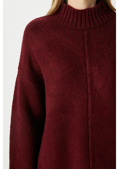 Ritnice Kadın Wonder Yumuşacık Dik Yaka Bordo Yırtmaçlı Oversize Triko Kazak Bordo