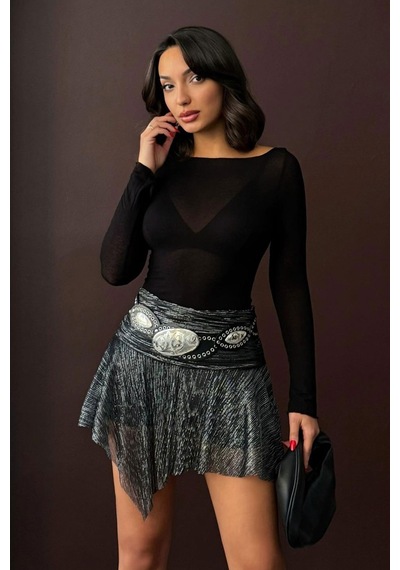 Verymoda Simli Pliseli Asimetrik Etek F2070 Siyah Gümüş