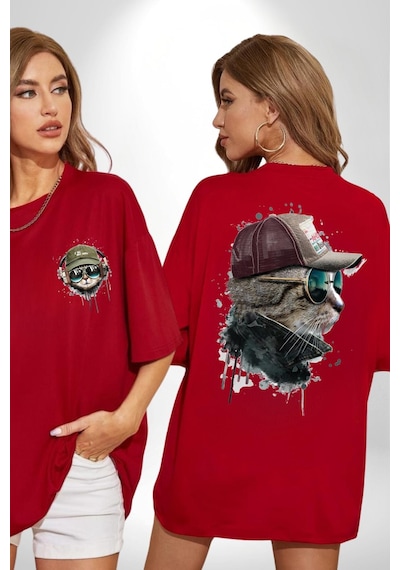 Pilot Çeketli Deri Şapkalı Cool Kedi Kırmızı Oversize Unisex Ön Ve Sırt Baskılı Tişört Kırmızı