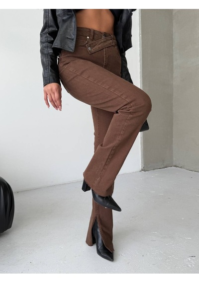Herton Asimetrik Çapraz Bel Detaylı Yırtmaçlı Denim Pantolon - Premium Jean Kahverengi Herton Asimetrik Çapraz Bel Detaylı Yırtmaçlı Denim Pantolon - Premium Jean Kahverengi