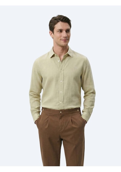 Kip Yağ Yeşili Regular Fit Dokuma Casual %100 Pamuk Gömlek Yeşil
