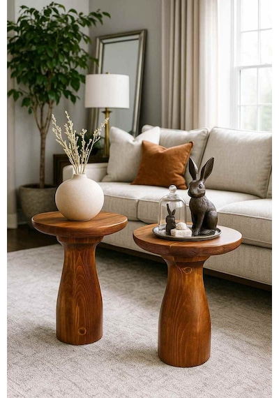 Meşe Renk 2 Li Masif Ahşap Yan Sehpa Dekoratif Zigon Takımı - Wooden Coffe Table Meşe