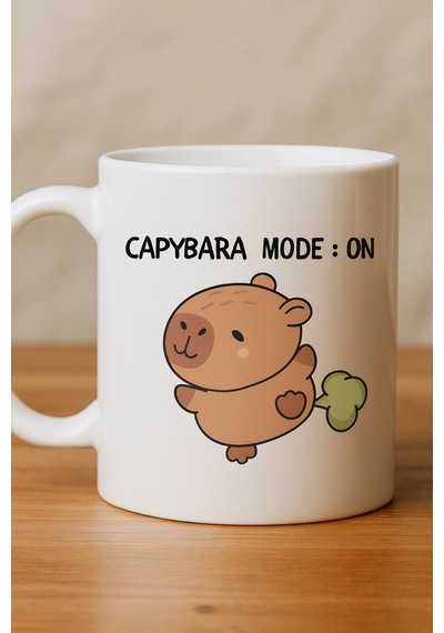 Capybara Mode On Yazılı Komik Tasarım Kupa Model 238 Sevimli Baskılı Seramik Kahve Kupası Çok Renkli