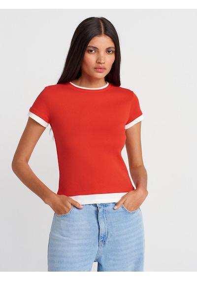 Dilvin 31859 Çift Görünümlü T-shirt-kırmızı Kırmızı
