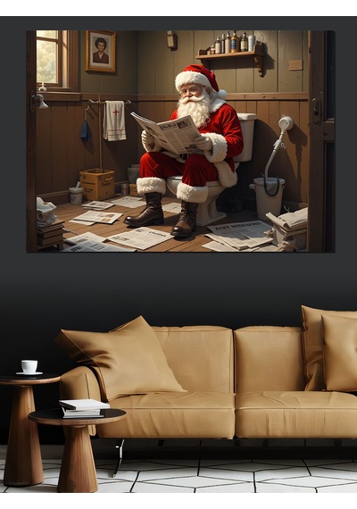 Tuvalette Oturan Noel Baba Dekoratif Kanvas - Mdf Ahşap Tablo