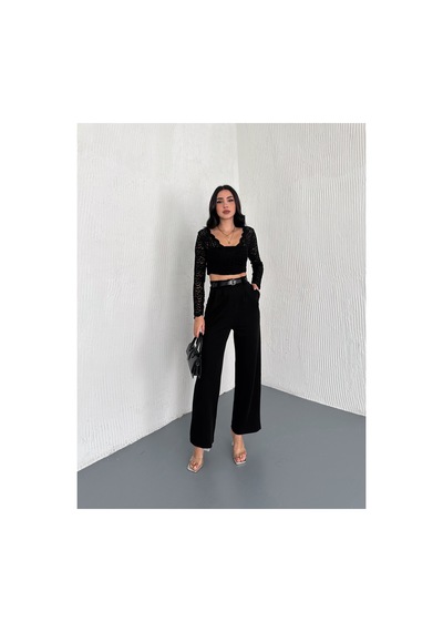Winmoda34 Kadın Çift Pileli Esnek Kemer Detaylı Palazzo Kumaş Pantolon Siyah