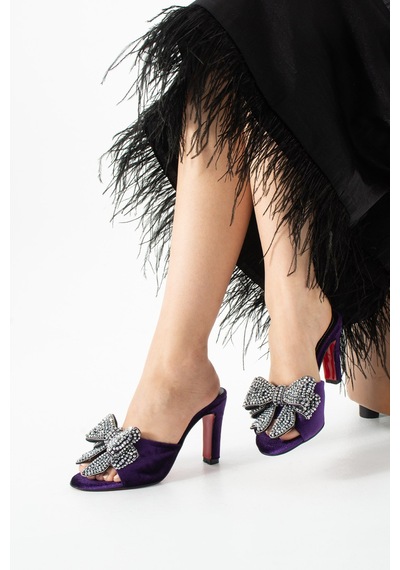 Lebibe Shoes Seravıa Kadın Mor Kadife Taşlı Fiyonklu 9 Cm Topuklu Abiye Terlik