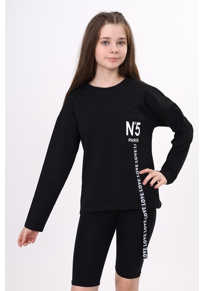 Toontoy Kız Çocuk Cep Üstü Baskılı Sweatshirt Siyah