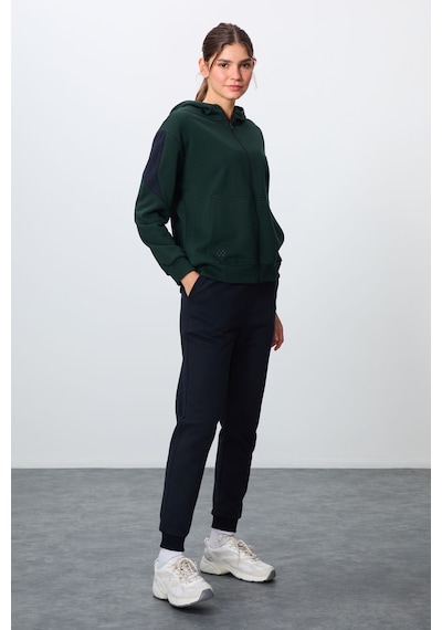 Tommy Life Çam Yeşili-lacivert Kompakt Pamuklu Kalın Pürüzsüz Dokulu Kapüşonlu Oversize Fit Kadın Eşofman Takı Yeşil