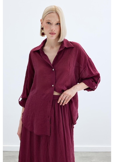 Sateen Kol Detaylı Salaş Gömlek - Bordo-136247 Bordo