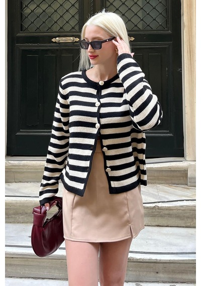 Madmext Siyah Çizgili Bisiklet Yaka Gold Düğme Detaylı Cotton Hırka Mg1605