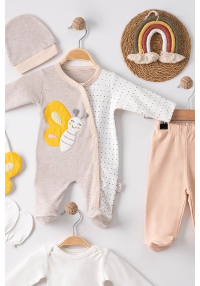 Veraura Lifestyle Kelebek Nakışlı Tulumlu % 100 Pamuk Erkek Bebek 5'li Set Kahverengi 0-3 Ay