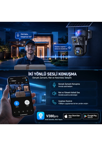 6mp Solar Wifi Çift Lensli Ptz Güvenlik Kamerası 360 Dönüş Hareket Algılama Gece Görüşü Uzaktan İzleme Ip66 Dış Mekan Kamera