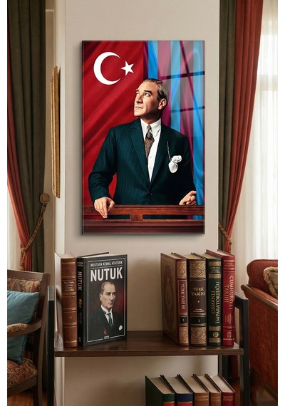 Kırılmaz Cam Tablo 5mm Kalın - Ev İşyeri Duvar Dekorasyonu Atatürk Bordo Mavi Takım - Mustafa Kemal Portre Şık Klasik Salon Yatak Odası Temperli Uv Baskılı Hediyelik
