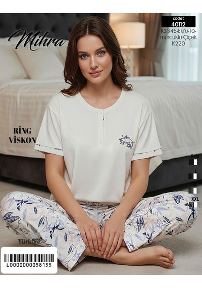 Mihra Kadın Ring Viskon Düğmeli Yaka Kısa Kol Likralı Pijama Takımı 40112e - 1 Adet Ekru