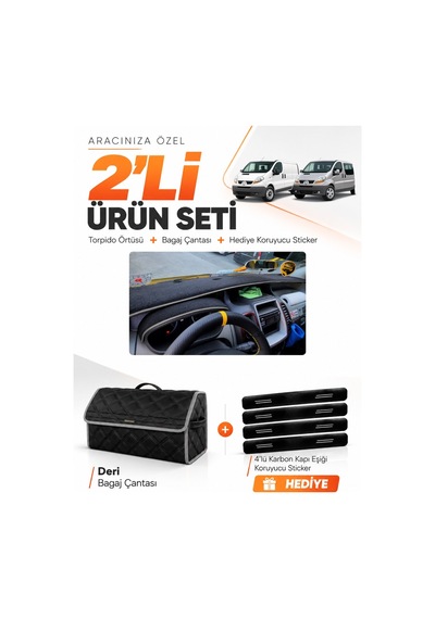 E-biz Renault Trafıc 2001-2014 Uyumlu Torpido Örtüsü + Deri Bagaj Çantası Seti - Siyah-gri - Re046