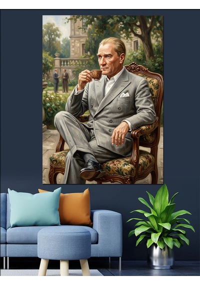 Bahçede Çay İçen Atatürk Dekoratif Kanvas - Mdf Ahşap Tablo