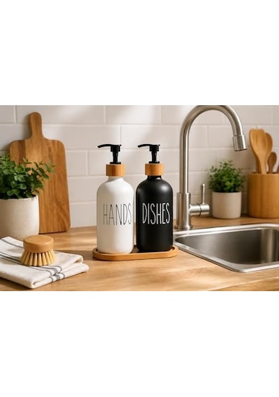 2'li Hands Dishes Siyah Beyaz Cam Sıvı Sabunluk Seti 500 Ml, Bambu Standlı Dekoratif Mutfak &amp Amp Banyo Sabunluk Diğer