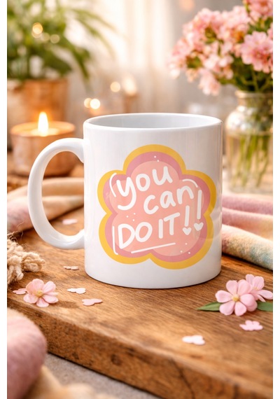 Northcity You Can Do It Yazılı Porselen Kupa - Motivasyon Veren Çiçek Tasarımı Hediye Kupa Model 126 Tek Bır Deger Yaz