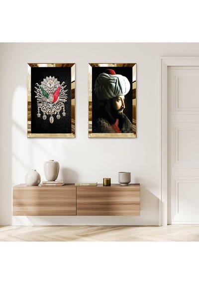 Gold Aynalı Pleksi Çerçeveli Fatih Sultan Mehmet Ve Osmanlı Tuğrası İkili Mdf Tablo Seti
