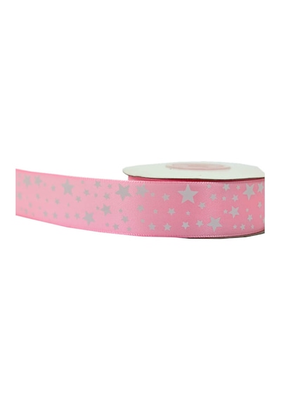 Saten Kurdele. Yıldız Baskılı. 2.50 Cm X 23 Mt - Pembe