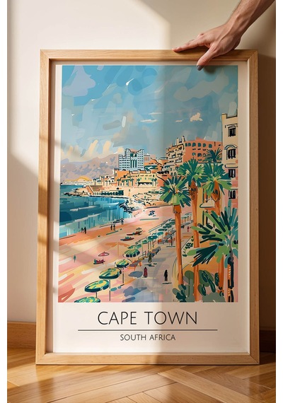 Güney Afrika Cape Town Temalı Çerçeveli Tablo Travel Serisi Modern İllüstrasyon Duvar Dekoru Kayın