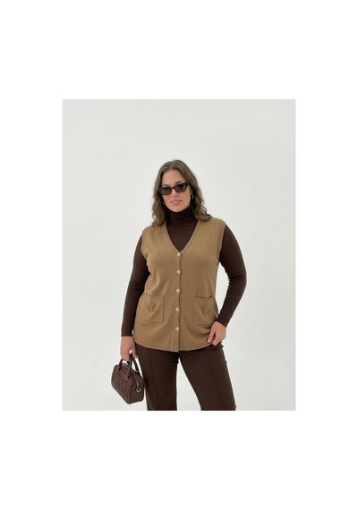 Onno Style Women Cebi Kelebek Taşlı Çelik Örgü Klasik Triko Yelek Bej