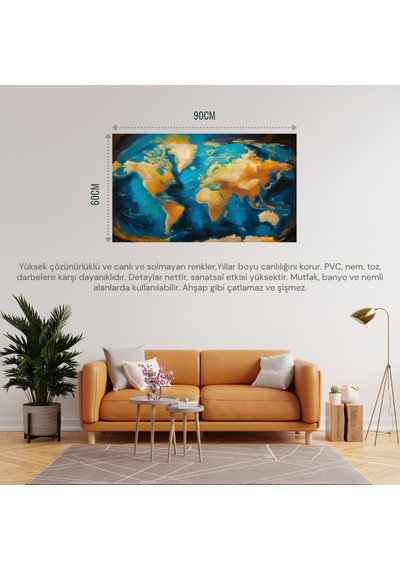 Dünya Harita Tablosu 02 Çerçevesiz 90x60cm Pvc Tablo