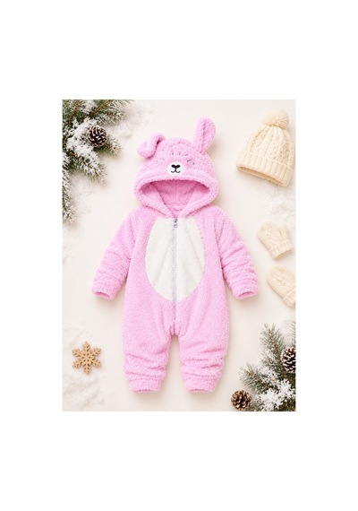 Kız Erkek Bebek Welsoft Peluş Tulum Kapüşonlu Fermuarlı Kışlık Bebek Tulumu Ayıcık Desenli Yumuşak Polar Tulum Pembe
