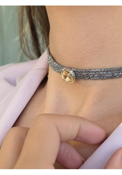 Kordon Zincir Örme Kristal Taşlı El Yapımı Choker Tasma Sarı Silver Renk Kolye