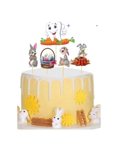 Diş Buğdayı & İlk Diş Temalı Pasta Üstü Kürdan Seti 5 Li Tavşan & Diş Figürlü Cake Topper