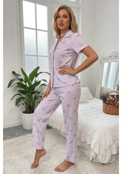 Bella Notte Lila Soft Fiyonk Desenli Yazlık Pijama Takımı Mor