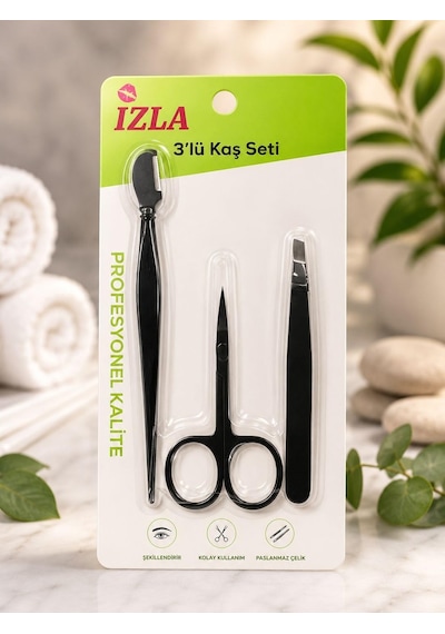 Izla 3'lü Kaş Bakım Seti, Cımbız, Makas Ve Kaş Fırçası, Paslanmaz Çelik, Profesyonel Şekillendi Diğer