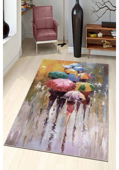 Renkli Kaymaz Tabanlı Dekoratif Modern Salon Halıları Ar779n11 Çok Renkli