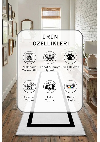 Tek Çerçeve Beyaz Siyah Dijital Baskılı Kaymaz Yıkanabilir Yolluk Beyaz - Siyah
