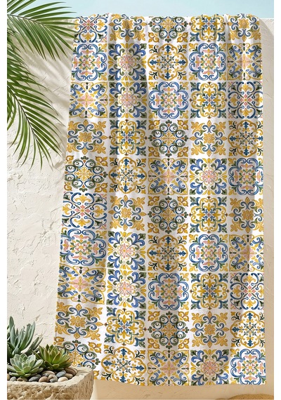 Çini Desenli Etnik Akdeniz Plaj Havlusu - Bohem Marine Sarı Mavi Hızlı Kuruyan Mikrofiber Havlu Berrak Zeytin