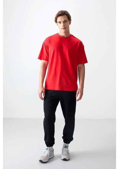 Air Jones Tommy Life Fiesta Pamuklu Kalın Yumuşak Dokulu Oversize Fit Basic Erkek T-shirt - 88377 Kirmizi