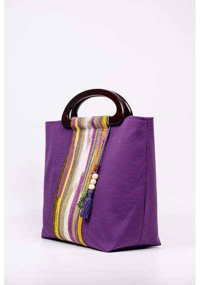 Fabric Craft Bag El Çantası Duck Kumaş Ahşap Saplı Mor Mor