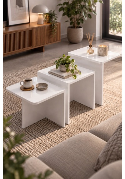 Sulorahome 3'lü Modern Beyaz Zigon Sehpa Seti