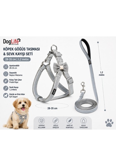 Köpek Göğüs Tasması Ve Sevk Kayışı Seti 28-35 Cm Çizgili Papyonlu 1,2 Metre Kayış - Pembe Gri Çok Renkli